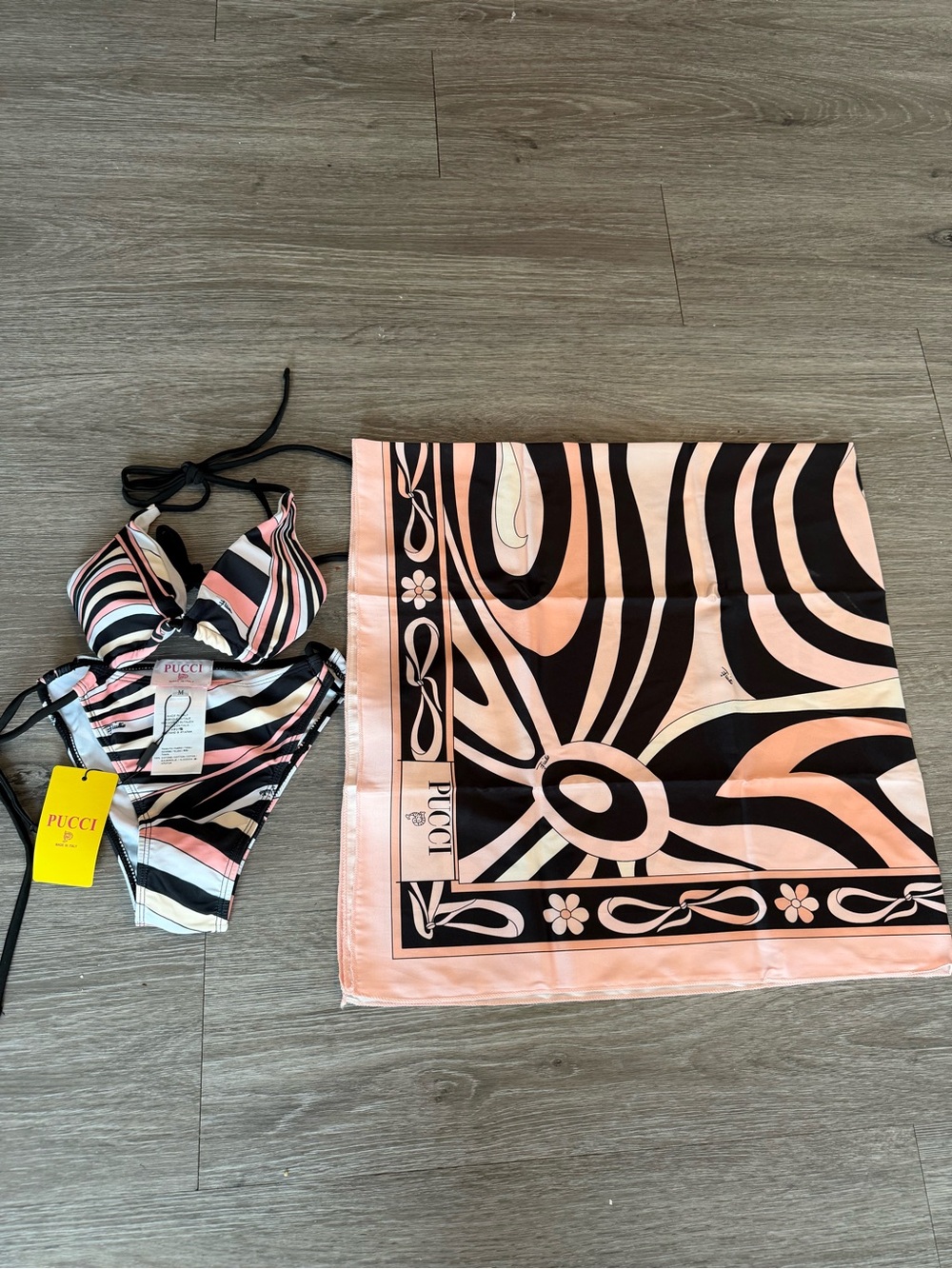 Emilio Pucci Pink Black White Striped Bikini and Matching Scarf